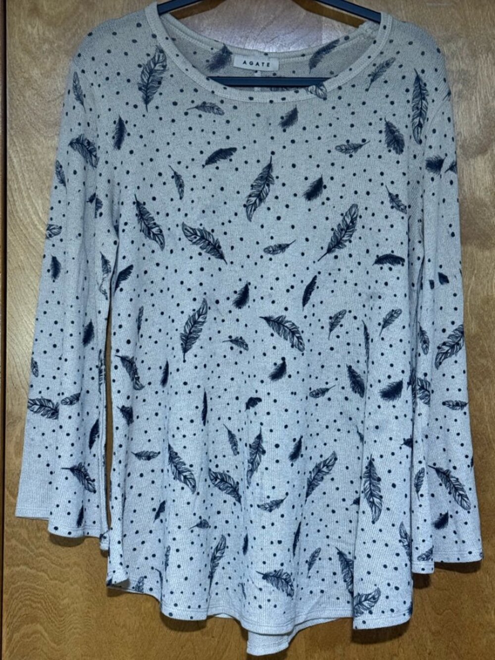 AGATE Feather Polka Dot Bell Sleeve Thermal Knit Top Beige Black